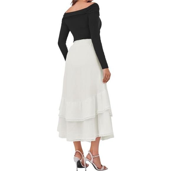 Maxi Skirts High Waist Drawstring with Pockets White - Picture 6 of 6